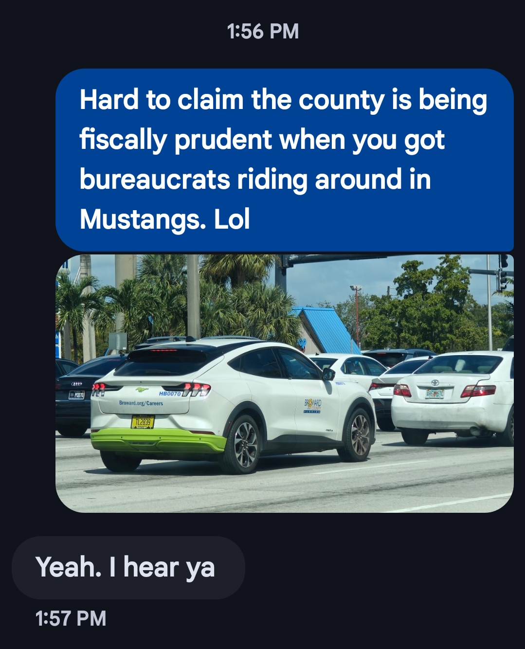 Text message conversation about the Broward County Mustang